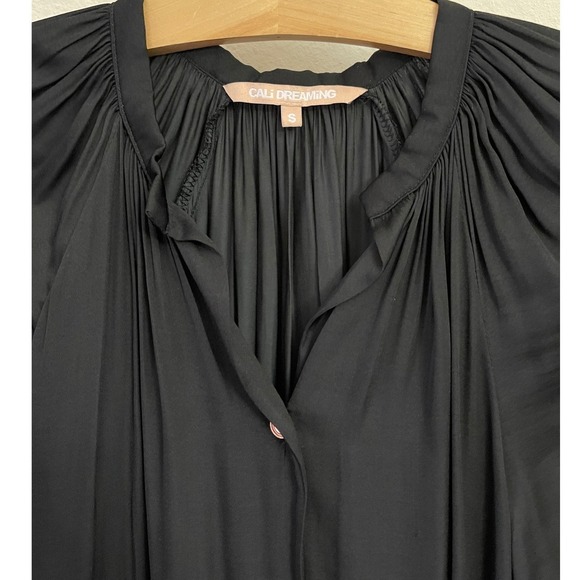 Cali Dreaming Black Maxi Dress Button Front Gathered Neckline‎ Long Sleeve Small - Picture 3 of 10